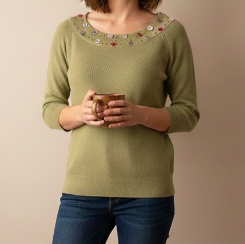 Green Embellished Pullover Sweater 3/4 Long Sleeve Tee XL 16-18 White Stag Cozy
